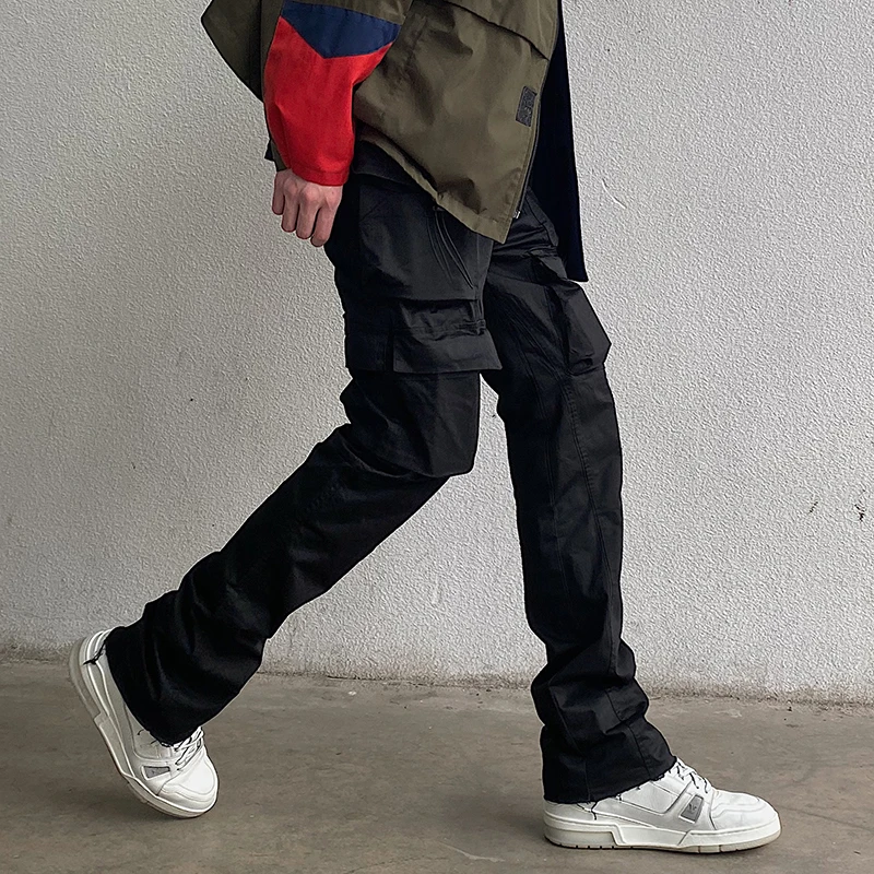 Harajuku Multi-pockets Straight Flare Pants Mens High Street Elastic Waist Solid Loose Casual Cargo Pants Hip Hop Baggy Trousers