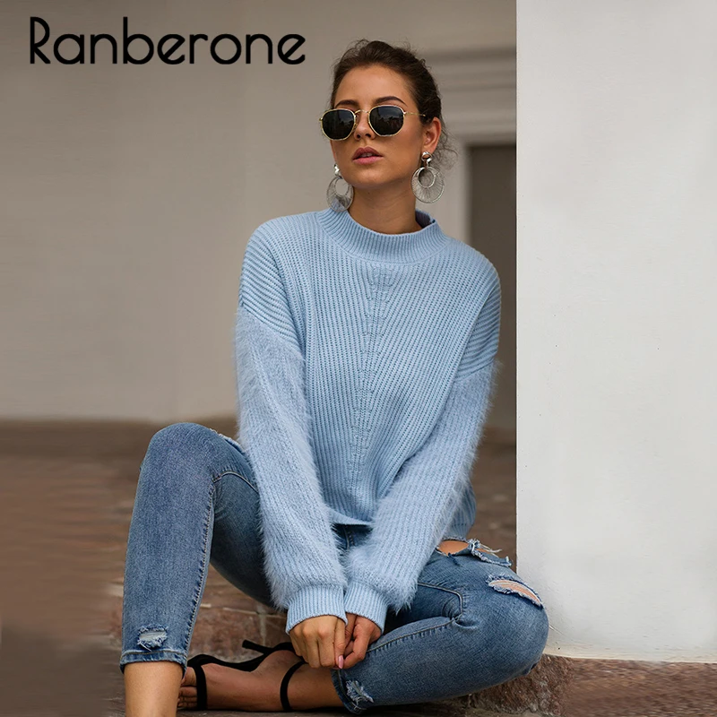Ranberone Wome Knitted Sweaters Pullovers Women White Blue Long Sleeve Solid Jumper Female Turtleneck Fuzzy Warm Winter Sweaters Ranberone Wome Knitted Sweaters Pullovers Women White Blue Long Sleeve Solid Jumper Female Turtleneck Fuzzy Warm Winter Sweaters