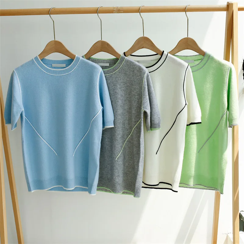 100% Cashmere Knit T-shirt Women's Short-sleeved