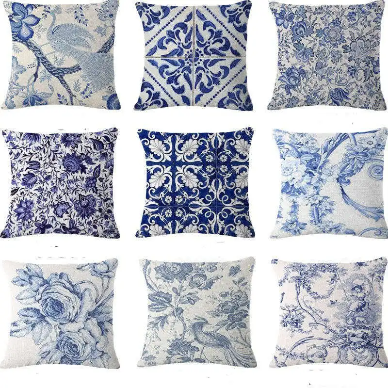 

Vintage Blue Flower Pillow Case Chinese Style Pillow Cover Bird Girl Pattern Cotton Linen Cushion Cover for Home Decor 45*45 CM