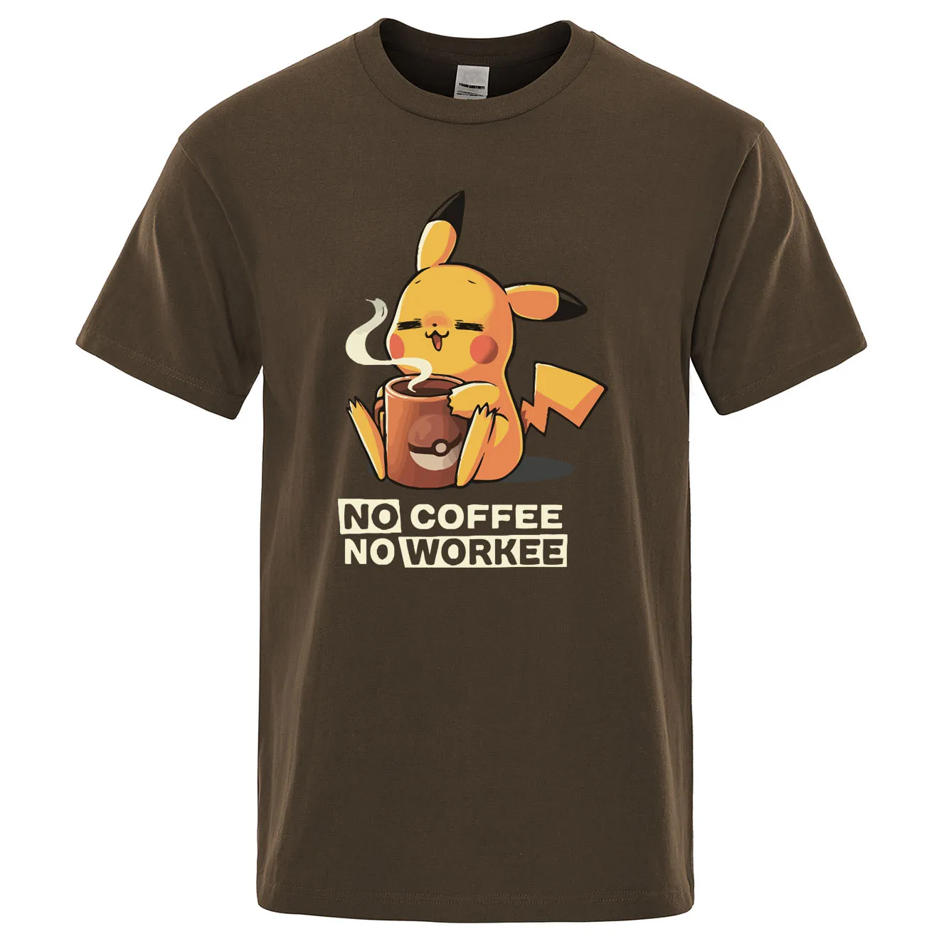 Футболки NO COFFEE NO WORKEE, Пикачу, футболка Pokemon, повседневные мужские футболки с круглым вырезом, Забавные футболки, черные мужские топы, брендовая одежда