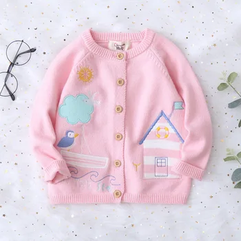 

Girl's Autumn 2019 Cartoon Knitted Sweater Jacket Children's Sweater Cardigan Bird House Embroidery Jacket Single Breasted Tops