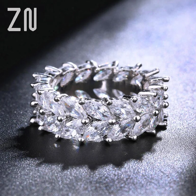 

ZN Luxury Brilliant White Gold Color Marquise Cut Olive Branch Big Cubic Zirconia Stone Wedding Bands Ring for Women Jewelr