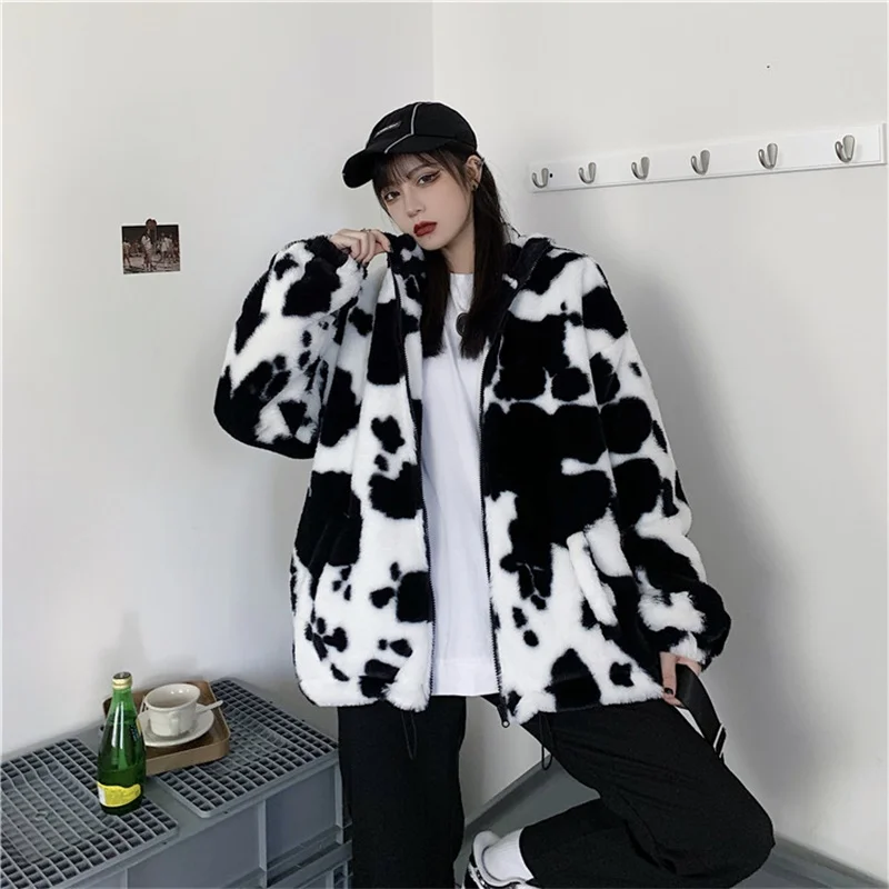 Korean Winter New Fashion Coat Harajuku Cows Printing Loose Full Sleeve Leather Jacket Vintage Flannel Keep Warm Cotton Clothes 1