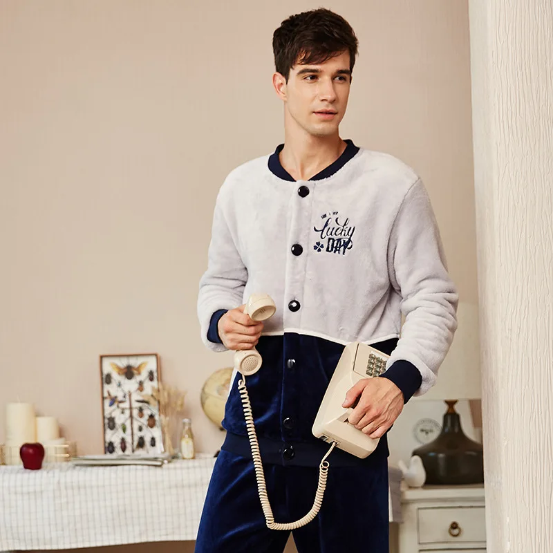 2019 New Style Men's Pajamas Set Autumn Winter Warm Flannel Thicken Male Pajamas Sets Long Sleeve Sleepwear Top +Pant Leisure