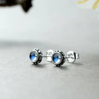 

small flower bud natural Moonstone Earrings S925 silver hand inlaid women's all-around retro style Thai silver earrings