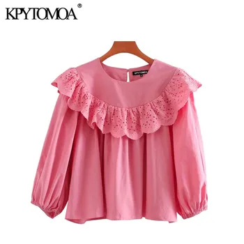 

KPYTOMOA Women 2020 Sweet Fashion Hollow Out Embroidery Ruffled Blouses Vintage O Neck Half Sleeve Female Shirts Blusa Chic Tops