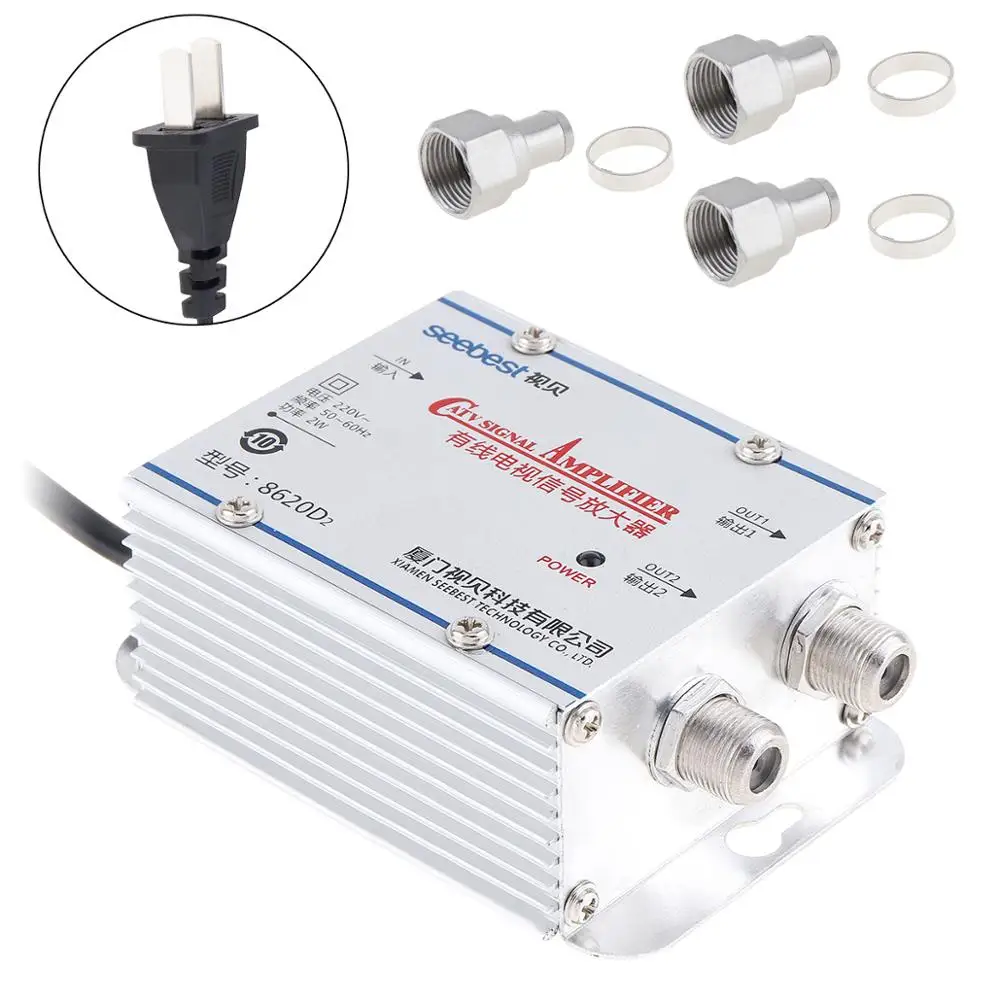 

SB-8620D2 CATV 1 In 2 Out CATV Amplifier 20db Adjustable Cable TV Signal Amplifier Booster Splitter 45-860MHz for Family Routing