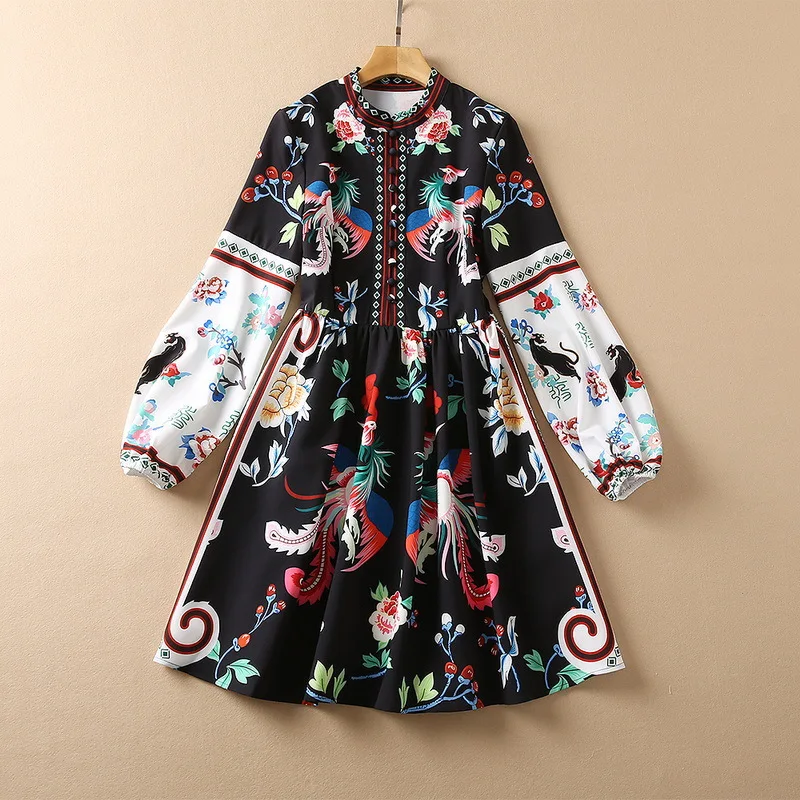 

European and American women's clothing winter 2022 new Long sleeve lantern sleeve buttons Fashion floral and bird print dress