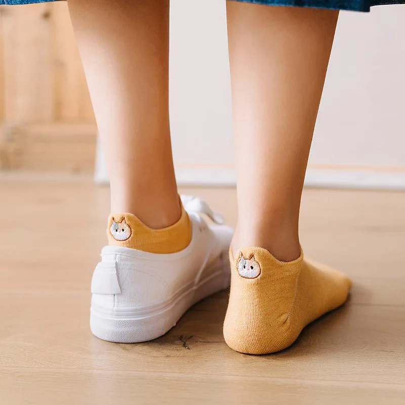 10 Pairs Cute Cat Socks Woman Pack Pure Cotton Animal Embroidery Ankle Cartoon Funny Kawaii Soft Girl Designer Sokken Set Mujer