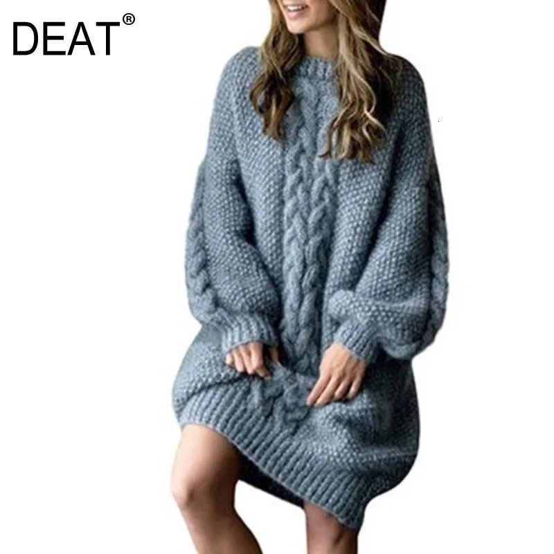 DEAT 2020 autumn and winter new Fashion solid color round neck thick twist loose knit lantern sleeves long dress female PB536 | Женская