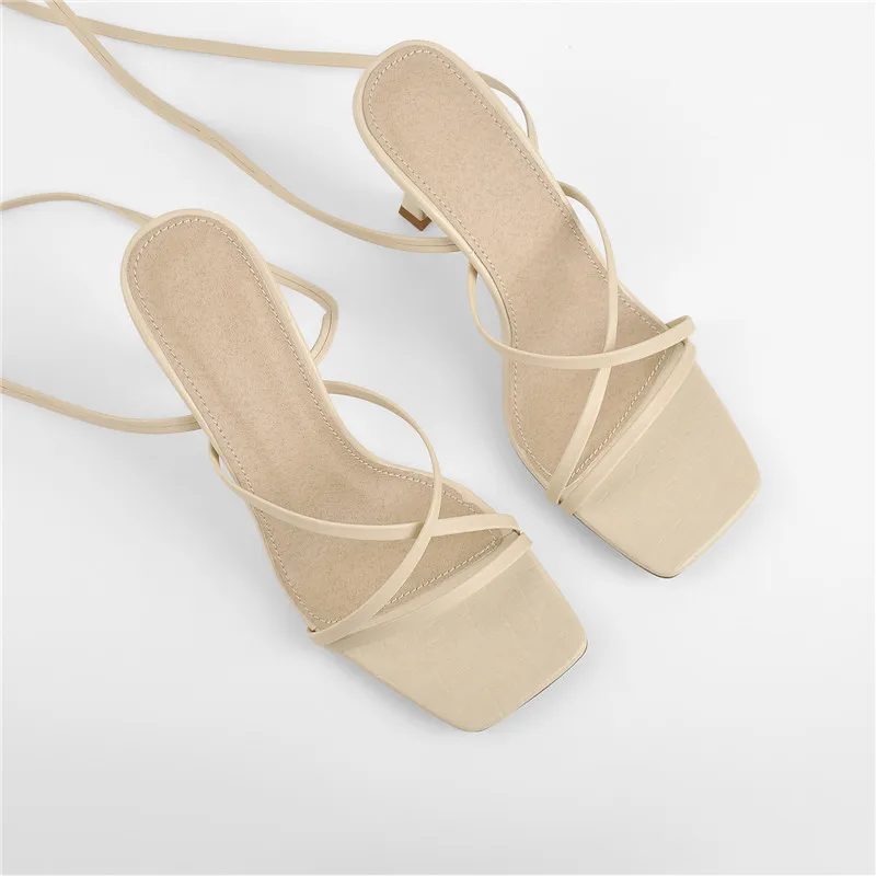 Onlymaker Women's Square Toe Black Beige Strap Stiletto Fashion Big Size Sandals