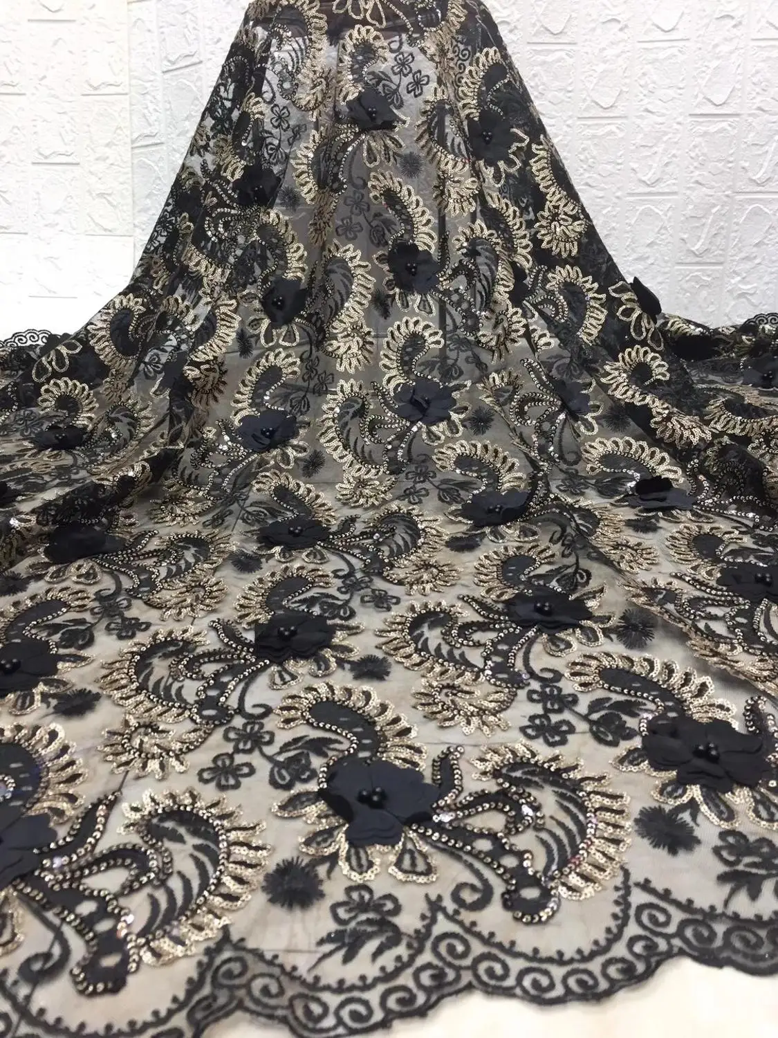 

Bead Sequined Tulle Lace Fabric 130cm Wide Banquet Dress Lace FabricXC-0181