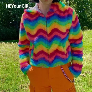 

New Sexy Rainbow Faux Fur Teddy Coats Women Casual Long Sleeve Fluffy Crop Jackets Autumn Furry Overcoat Winter Streetwear