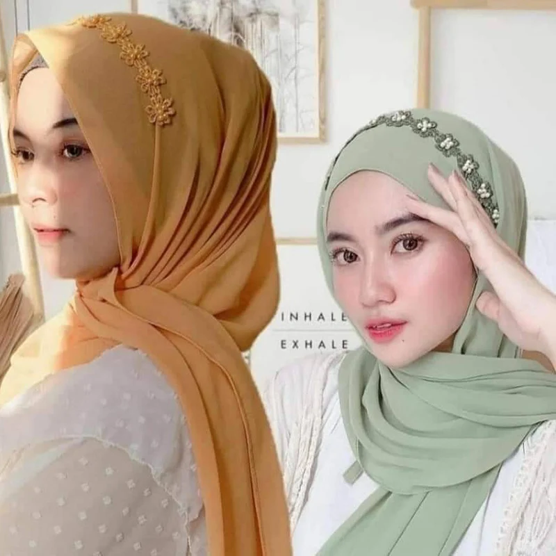 

1 pc Lace Hijabs Long Plain Chiffon Hijab Wrap Muslim Hijabs Scarf Turbanet Headscarf Pearls Shawls