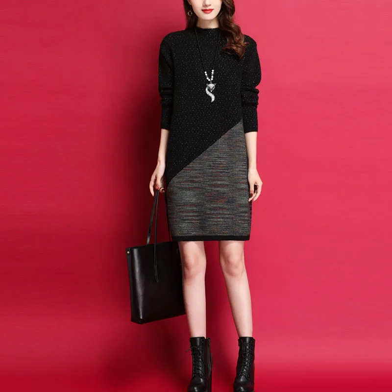 

Europe And America WOMEN'S Dress Pullover Sweater Dress Women's Loose-Fit Mid-length Knit Low Waist Jersey Elegant Underwear Dre