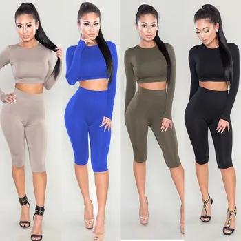 

Casual Pullover Fitness Two Piece Set Women Clothing 2020 Spring Summer New Tight Fitness Clothing Long Sleeve Shorts Leggings