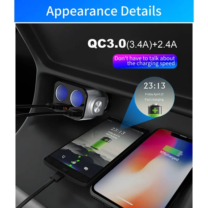 QC3.0+ 2.4a двойной USB автомобильный прикуриватель сплиттер розетка адаптер СВЕТОДИОДНЫЙ монитор напряжения