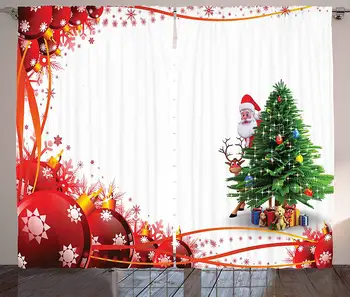

Santa Window Curtains Father Christmas and Reindeer Smiling Behind a Festive Pine Tree in Red Balls Frame Living Room Bedroom