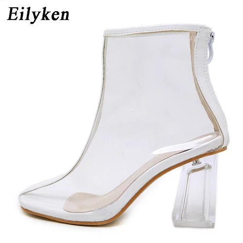 White Eilyken/пикантные прозрачные сапоги из пвх; обувь с круглым носком; прозрачные женские сапоги на не сужающемся книзу массивном каблуке; Mujer; босоножки на молнии; Новинка года; сезон осень - Цвет: White