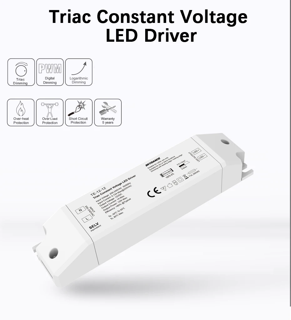 Светодиодный Диммируемый драйвер Triac TE-12-12; 200-240 В вход, выход 1A 12 Вт 12 В DC Постоянное напряжение Triac ELV Диммируемый светодиодный драйвер