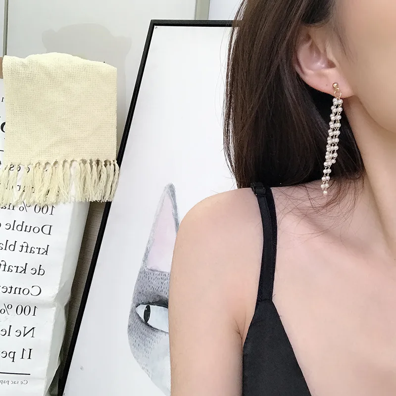 

Simulated Pearls Chain Tassel Earrings For Women Gold Color Long Hanging Drop Earrings Vintage Korean Fashion Jewelry Pendientes