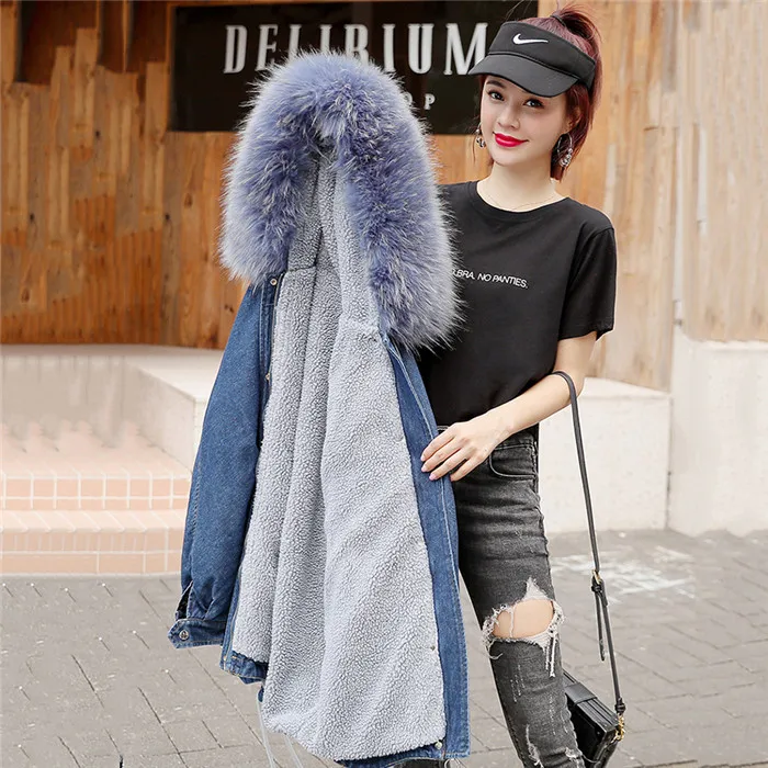 Зимняя джинсовая женская куртка с меховым воротником, теплые парки, новинка, модная женская куртка-бомбер большого размера, Casaco Feminino JIA493