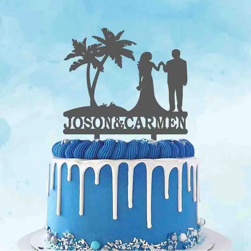 Acrylic Personalised Mr & Mrs Palm Tree Wedding/Anniversary Cake Topper 