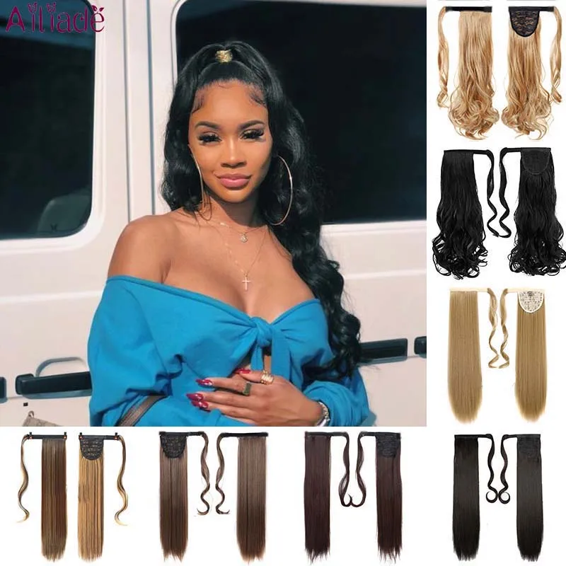

Ailiade 24 Long curls Hairpiece Ponytail Hair Extensions Clip In Hair Extension Natural Afro Straight Velcro Ponytail Synthetic