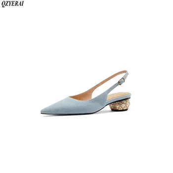 

Womens Pointed Toe Denim Jeans Block Low Heel Slingback Slipper Summer Sandals Shoes Tassel Rome Button Casual Cowboy
