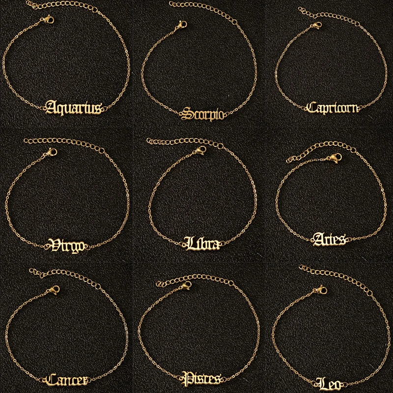 Zodiac Sign Letter Anklet Bracelet for Women Horoscope Jewelry Old English Constellation Tobilleras Pulsera Virgo Taurus Aries