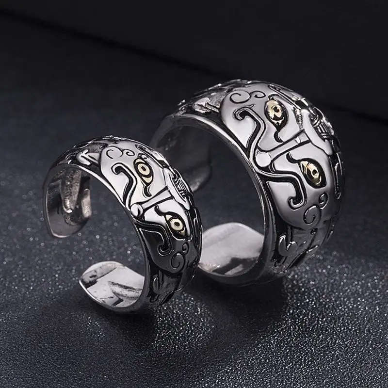 

2Pcs Retro God Beast Gluttonous Pixiu Animals Good Luck Couple Rings Set Jewelry
