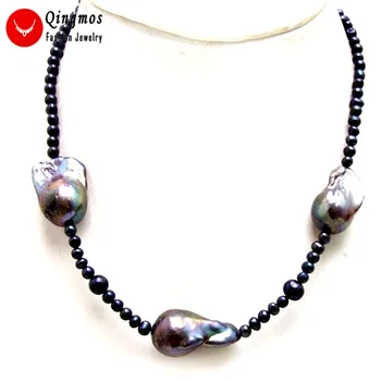 

Qingmos 14*25mm Baroque Natural Pearl Pendant Necklace for Women with 4-5mm Natural Black Pearl Pearl Necklace Chokers Jewelry