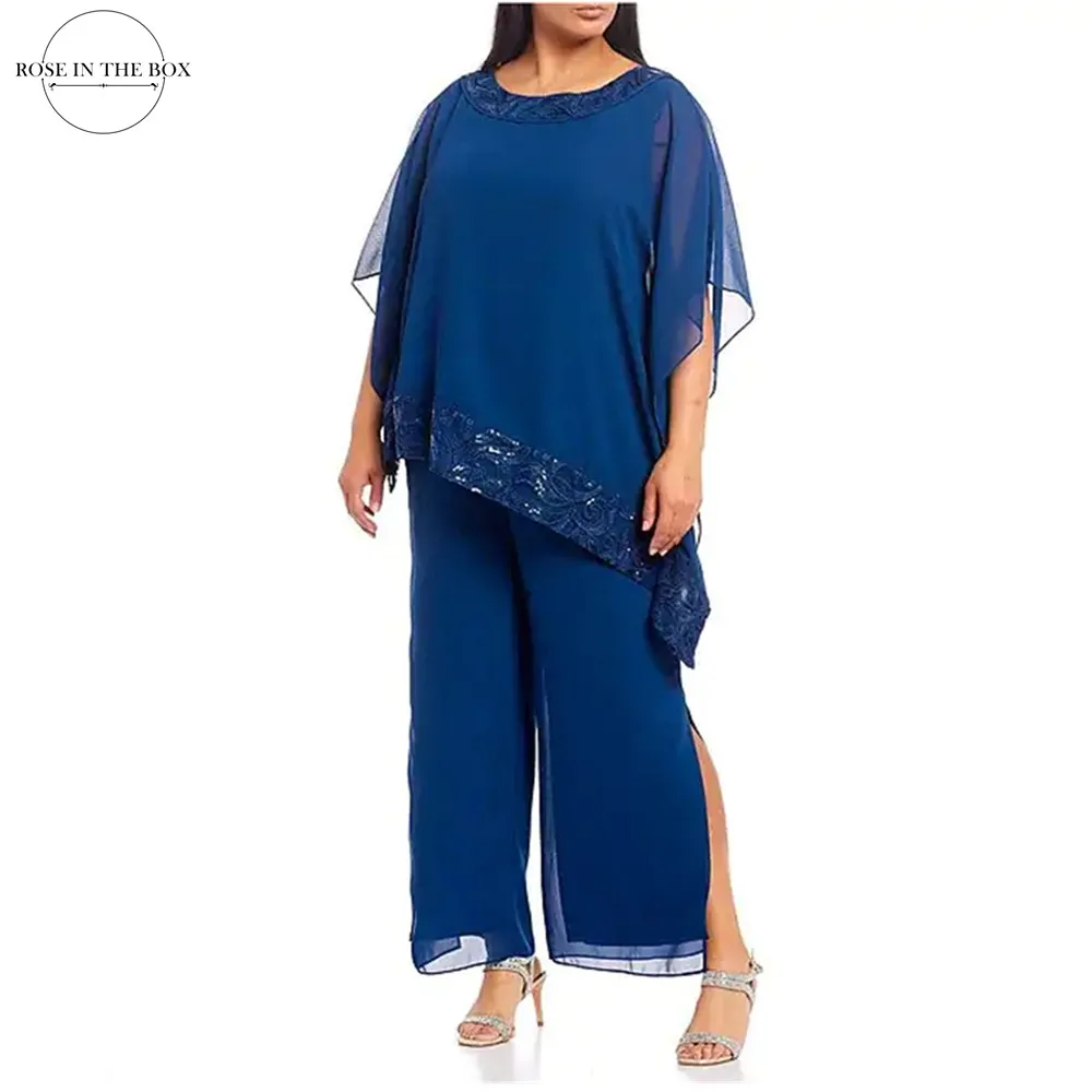 

Plus Size Embroidered Sequins Mother of The Bride Pants Suit Two Piece Side Slit Chiffon Mother Pant Set Vestidos De Madrina