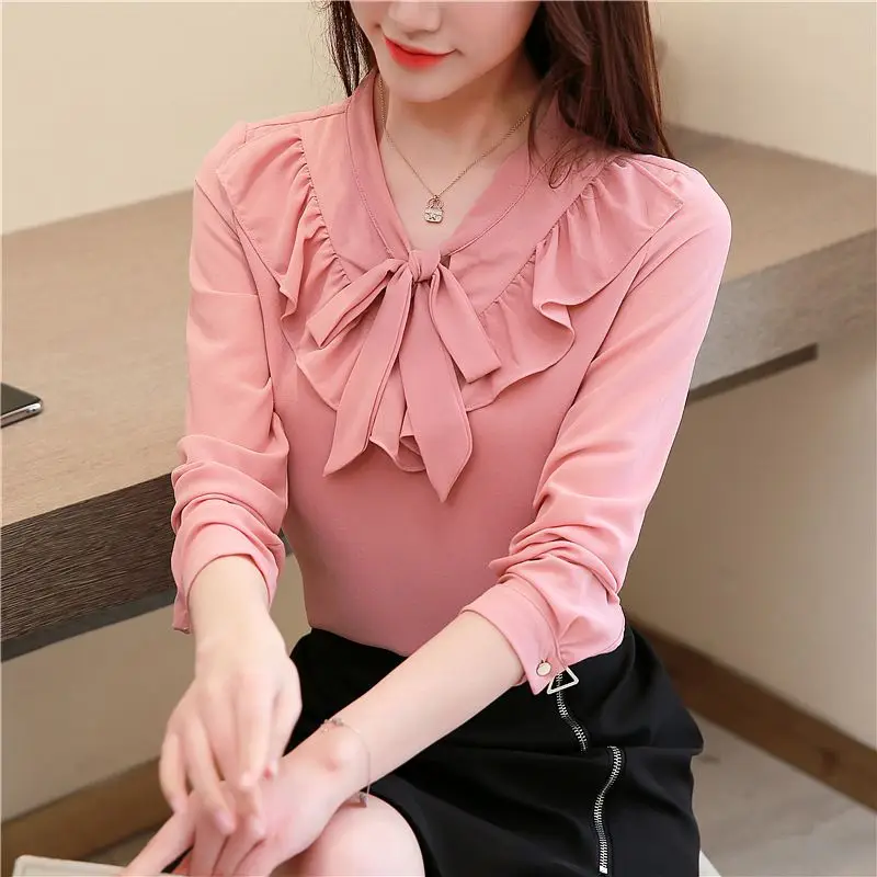 

COIGARSAM Korea Style blouse women New Spring Office Lady Ruffles Chiffon Solid Loose blusas womens tops and blouses Pink 055