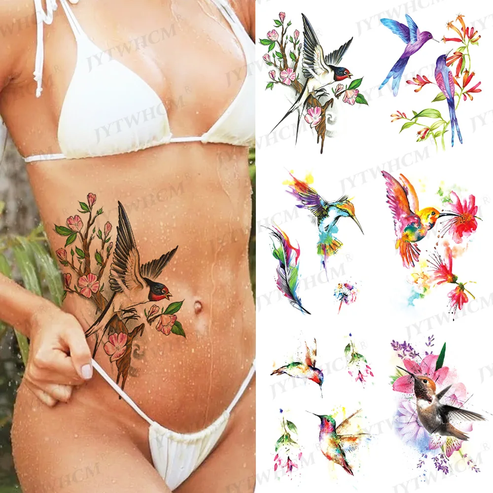 Cute Swallow Bird Temporary Stickers Art Flower Letter Henna Tattoo Sticker Women Body Chest Arm Colorful Fox Men | Красота и