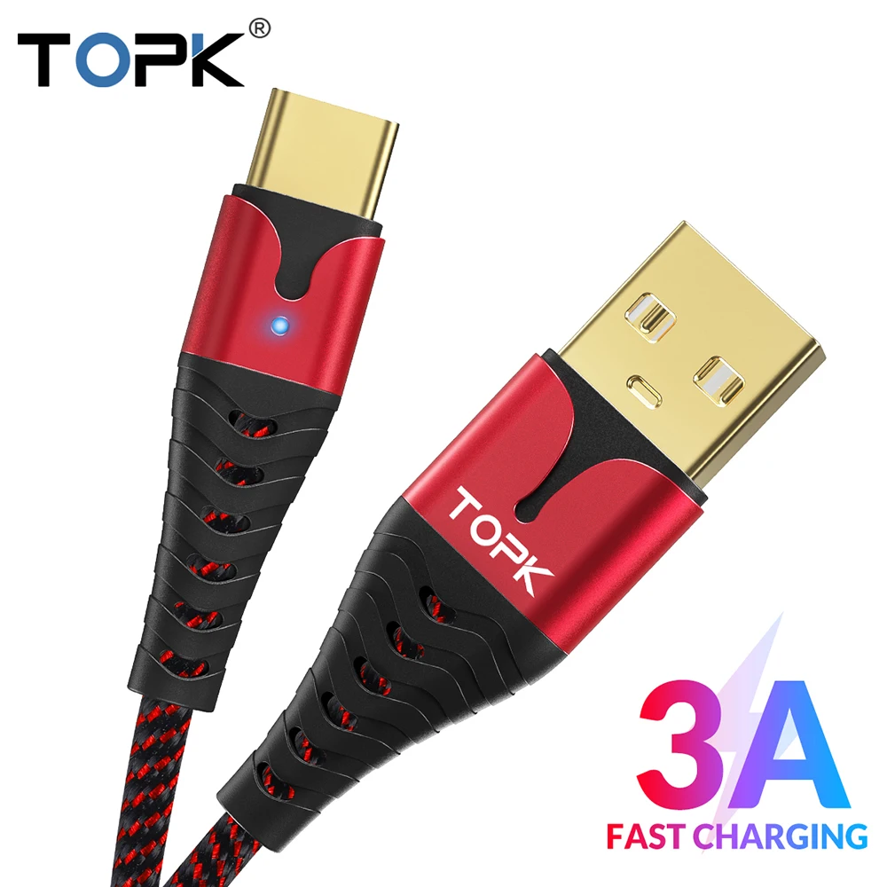 

TOPK LED 3A USB Type C Fast Charging Cable for Samsung S10 Huawei P30 Pro Mobile Phone Type-C Charger Cable