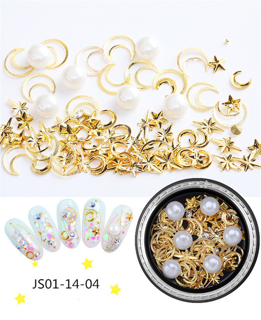 Nail Charm Rhinestone Star/Moon/Horizontal Line/Pearl/Water-Drop Mixed 9 Styles Golden Luxury Nails Decoration AccessoriesJS