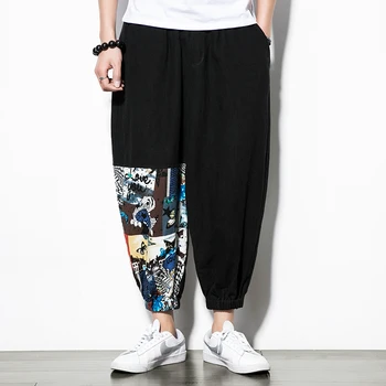 

Chinese Style Men Cotton Linen Thin Cropped Pants Mens Casual Summer Streetwear Traditional National Printed Trousers