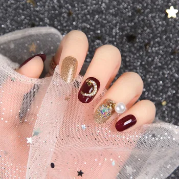 

Glitter Diamond Moon Artificial Nail Art Tips Exquisite Pre Design Detachable Shimmer Paillette Wine Red Fake Nails press on