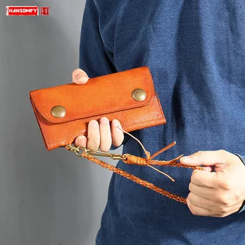 

2020 Vintage Leather Wallet Men's Long Wallet Tri-fold Ticket Clip Anti-theft Wallets Chain Card Holder Purse Mobile Phone Bag