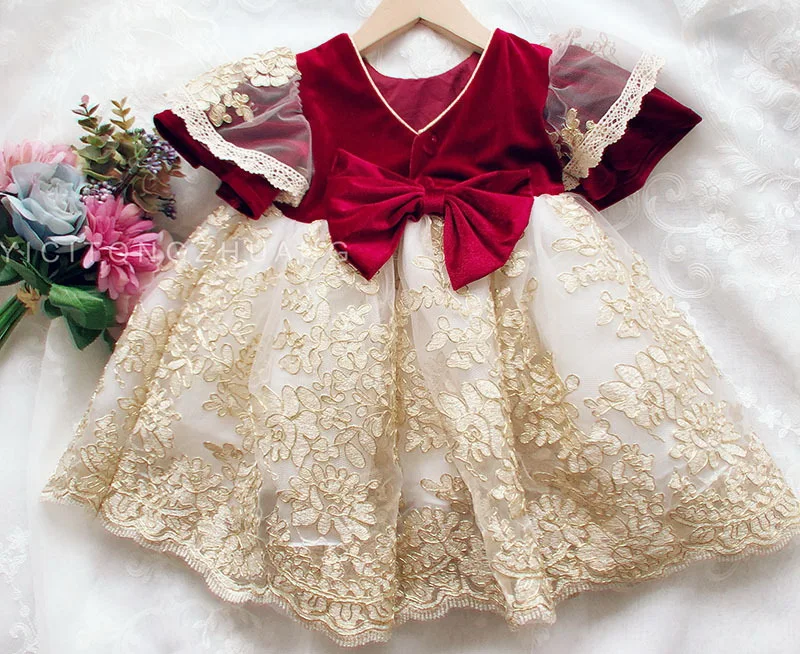 Платья для маленьких девочек в дворцовом стиле Красное Кружевное платье принцессы с вышивкой для первого дня рождения, вечерние платья для детей от 1 до 5 лет, E4645