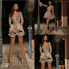 Сексуальные короткие платья для выпускного вечера глубокий v-образный вырез бисер кристалл длинный рукав Мини Вечерние платья под заказ сделанное коктейльное платье с пером