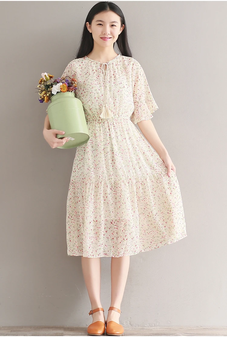New Robe Femme Summer Chiffon Dress Women Lace Up Butterfly Sleeve Elbise Floral Printed Female Dresses Vestidos De Festa QV775
