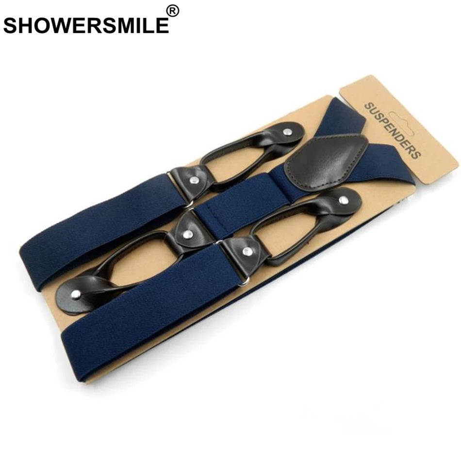 Подтяжки SHOWERSMILE мужские на пуговицах широкие однотонные темно синие кожаные