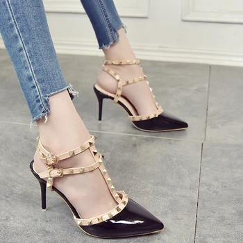 

Women's shoes sandals female summer high-heeled shoes female pointed stiletto sexy nightclub word with rivets wild