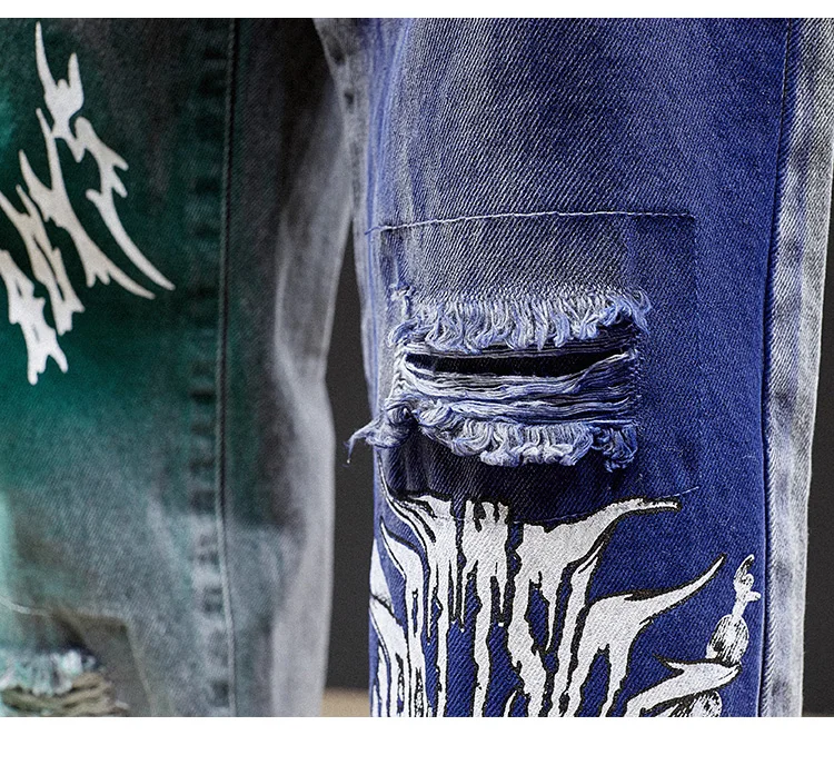 Мужские джинсовые брюки-карго, свободные, зима-осень, для ночного клуба, панк-рок, хип-хоп, джинсы с дырками, граффити, дьявол, прямые джинсы