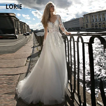 

LORIE 2020 Cheap Beach Wedding Dreses with Long Sleeve Elegant Lace Bridal Gown Appliques Boho Wedding Gown Vintage Plus Size
