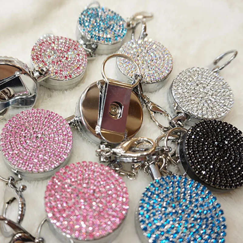 Crystal Rhinestone Multi-color Handmade Badge Holder Key Chain Retractable Clip