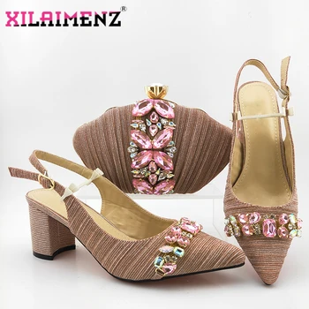 

Pink Color Mid Heels Lady Shoes and Bag Set Comfortable For African Women Party Shoes Matching with Bag with Crystal